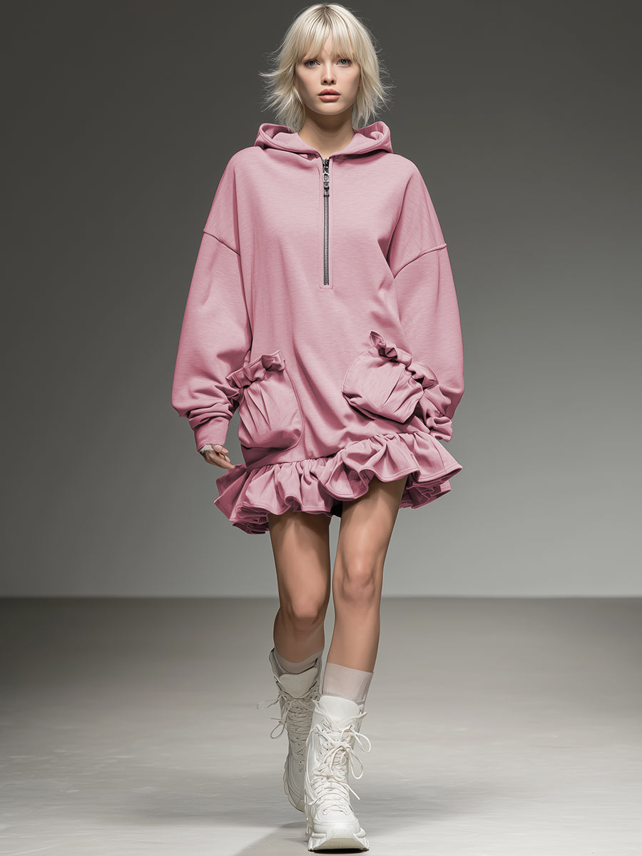Casual Sporty Light Pink Hooded Loose Ruffle Mini Dress