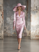 Stylish Pink Satin Zebra Print Long-sleeved Midi Dress