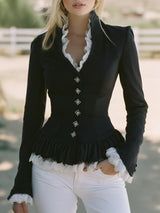 Elegant Black Cotton And Linen Blend LongWith Lace Detailing Coat