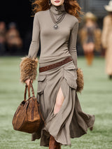 Western-style Casual Plush Cuffs And Slits Khaki Turtleneck Maxi Dress