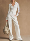 Sporty Retro Ribbed White Knitted Ribbed Long-Sleeve Top And Wide-Leg Pants Set