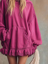 Elegant Retro Sporty Lace Trim And Ruffled Hem Rose Pink Cotton Hooded Style Mini Dress