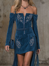 Off-the-shoulder Zippered Embroidered Fringed Faux Suede Long-sleeved Mini Dress