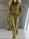 High-end Fashionable Leopard Print Velvet Faux Fur Collar Sweatshirt Wide-leg Pants Suit