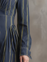 Elegant Urban Deep Blue Tencel Denim Striped Gold-stamped Maxi Dress