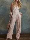 Vintage Western V-neck Front-zipLeopard Print Light Pink Faux Suede Jumpsuit