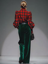Trendy Retro Plaid Velvet Turtleneck Long-sleeved T-shirt And Wide-leg Pants Set
