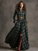 Retro Ethnic Style Lapel Reddish Brown Plaid Maxi Dress