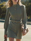 Retro-style Olive Green Stand-up Collar Mini Dress
