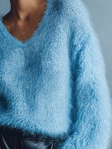 Casual Loose Light Blue V-neck Long Wool Knitted Sweater