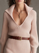Fashionable Retro Long-sleeved Pink Knitted Mini Dress