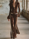 Retro Sporty Brown Leopard Print Lapel Front Zip-up Top And Flared Pants Velvet Set