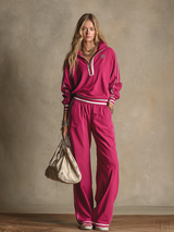 Retro Casual Zip-up Stand-collar Contrasting Trim Top And Pants Set