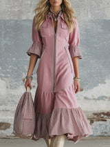 Elegant Pink Checkered Trim Faux Denim Short-sleeved Midi Dress
