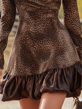 Western-style Vintage Satin Brown Leopard Print Velvet Mini Dress