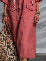 Western-style Pink Linen Button-down Hooded With Partial Zebra Print Midi Dress