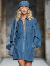 Collared Multi-pocket Zippered Denim Mini Dress