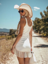 【24-hour shipping out】Retro Casual Western Zipper V-Neck Gold Embroidery Tassel White Denim Mini Dress