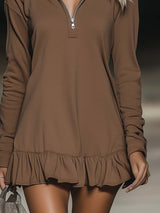 Casual Fashion Loose Brown Long Sleeve Ruffle Hem Hooded Mini Dress