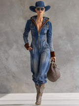 Vintage Casual Western Hooded V-neck Zipper Velvet Stitching Blue Denim Jumpsuit
