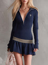 Retro Fashion Sports Lapels Zipper V-neck Dark Blue Knitted Mini Dress