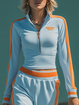 Athletic And Casual Color-blocked Stand-collar Top And Flared Pants Set