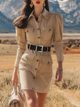 Retro Western Style Light Khaki Long-sleeved Faux Suede Mini Dress