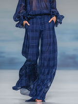 Plaid Print V-neck Ruffled Long-sleeved Top And Wide-leg Pants Set