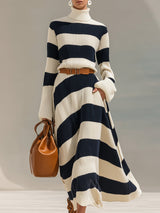 Fashionable And Elegant High Collar Navy Blue And White Contrast Striped Knitted Long Sleeve Maxi Dress