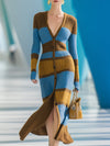 Casual And Stylish V-neck Button-down Brown And Blue And Yellow Striped Knit Maxi Dress