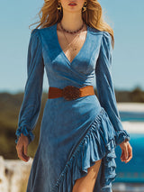 Western-style Retro Blue Faux Suede Long-sleeved Ruffle Midi Dress