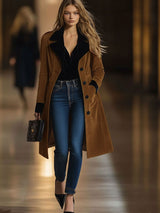 【24-hour shipping out】Casual Loose Vintage Caramel Suede Black Lapel Single Breasted Coat