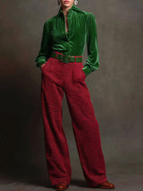 Retro Green Velvet Pleated Long-sleeved Shirt And Houndstooth Wide-leg Pants Set