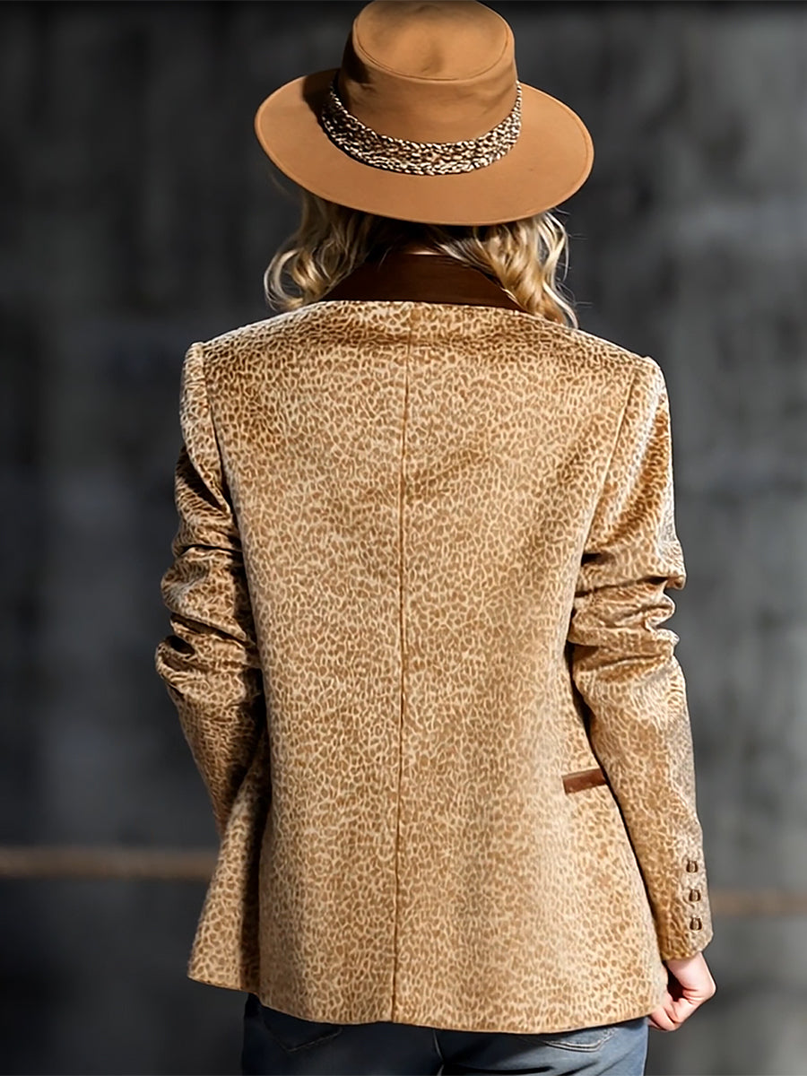 Retro And Fashionable Leopard Print Color-block Collar Velvet Blazer