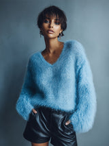 Casual Loose Light Blue V-neck Long Wool Knitted Sweater