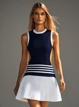 【24-hour shipping out】Fashionable and Energetic Vest-style Navy Blue and White Contrast Mini Dress