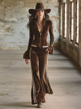 Retro Sporty Brown Leopard Print Lapel Front Zip-up Top And Flared Pants Velvet Set