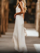 【24-hour shipping out】Casual Vintage Brown Embroidery White Denim Sleeveless Tassel Midi Dress