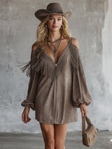Retro Western-style Tan Faux Suede Off-the-shoulder Fringed Mini Dress