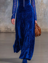 Elegant Retro V-neck Front Zipper Lace Long-sleeved Royal Blue Velvet Maxi Dress