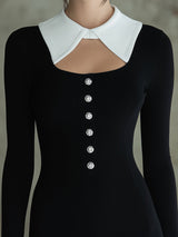 Elegant Black And White Color-block KnittedWith Rhinestone Buttons Mini Dress