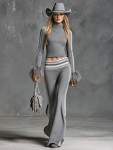 Retro Fashion Sporty Gray Knitted Feather Cuffs High-neck Top And Slim-fit Flared Pants Suit