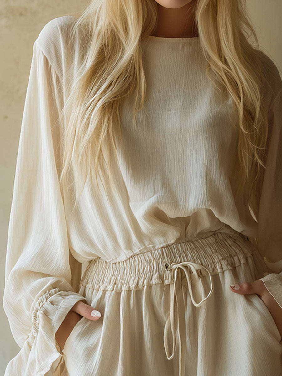 Loose-fitting Solid-colored Round-neck Long-sleeved Top And Shorts Chiffon Set