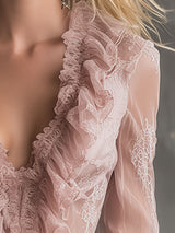 Elegant Pink Chiffon Lace Ruffled Shirt