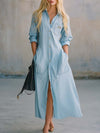 Vintage Casual Fashion Front Button Light Blue Washed Denim Shirt-style Midi Dress