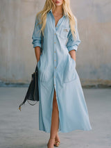 Vintage Casual Fashion Front Button Light Blue Washed Denim Shirt-style Midi Dress
