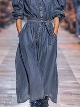 Fashionable Retro Round Neck Denim Loose Midi Dress