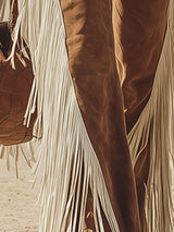 Retro Western Style White Fringed Brown Faux Suede Pants