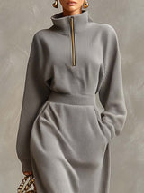 Exquisite Casual Lapel Front Zipper Long Sleeve Light Gray Waffle Fabric Maxi Dress