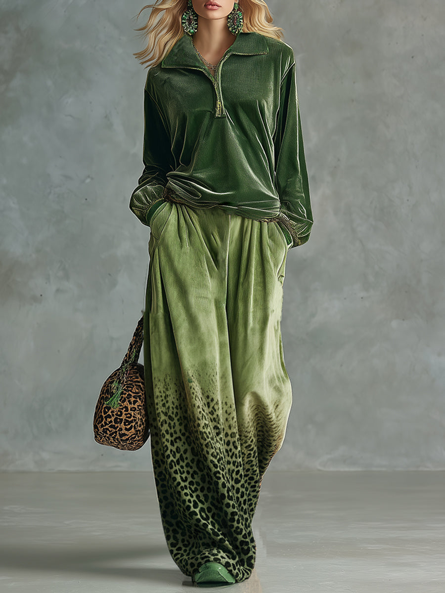 Trendy Retro Sporty Green Velvet Top And Leopard Print Wide-leg Pants Set